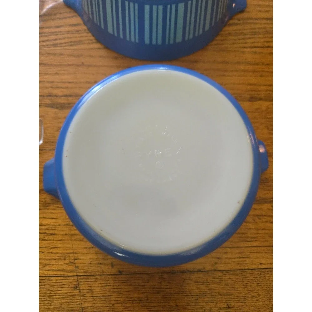 Vintage Pyrex Barcode Blue Stripes 471 & 472 W/ Lids Casserole Dishes